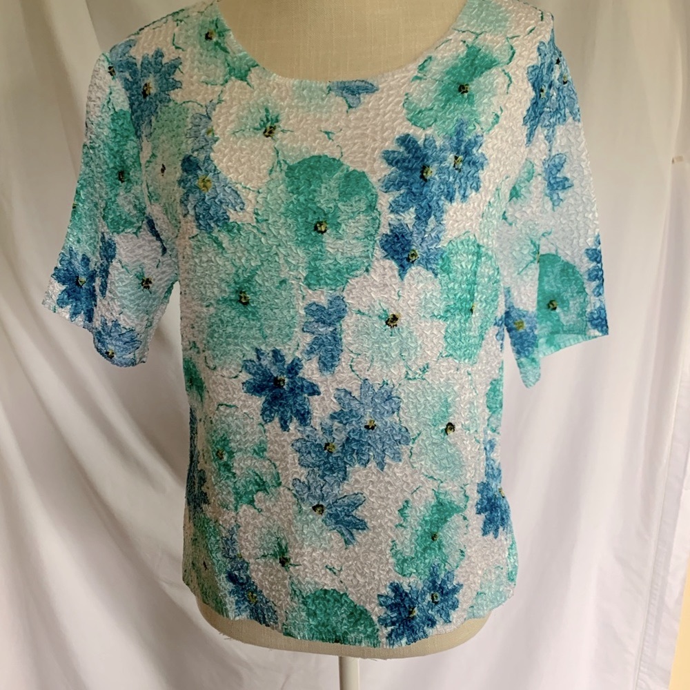 Two piece popcorn top and jacket blue green floral design Guessing L-XL - Picture 15 of 16